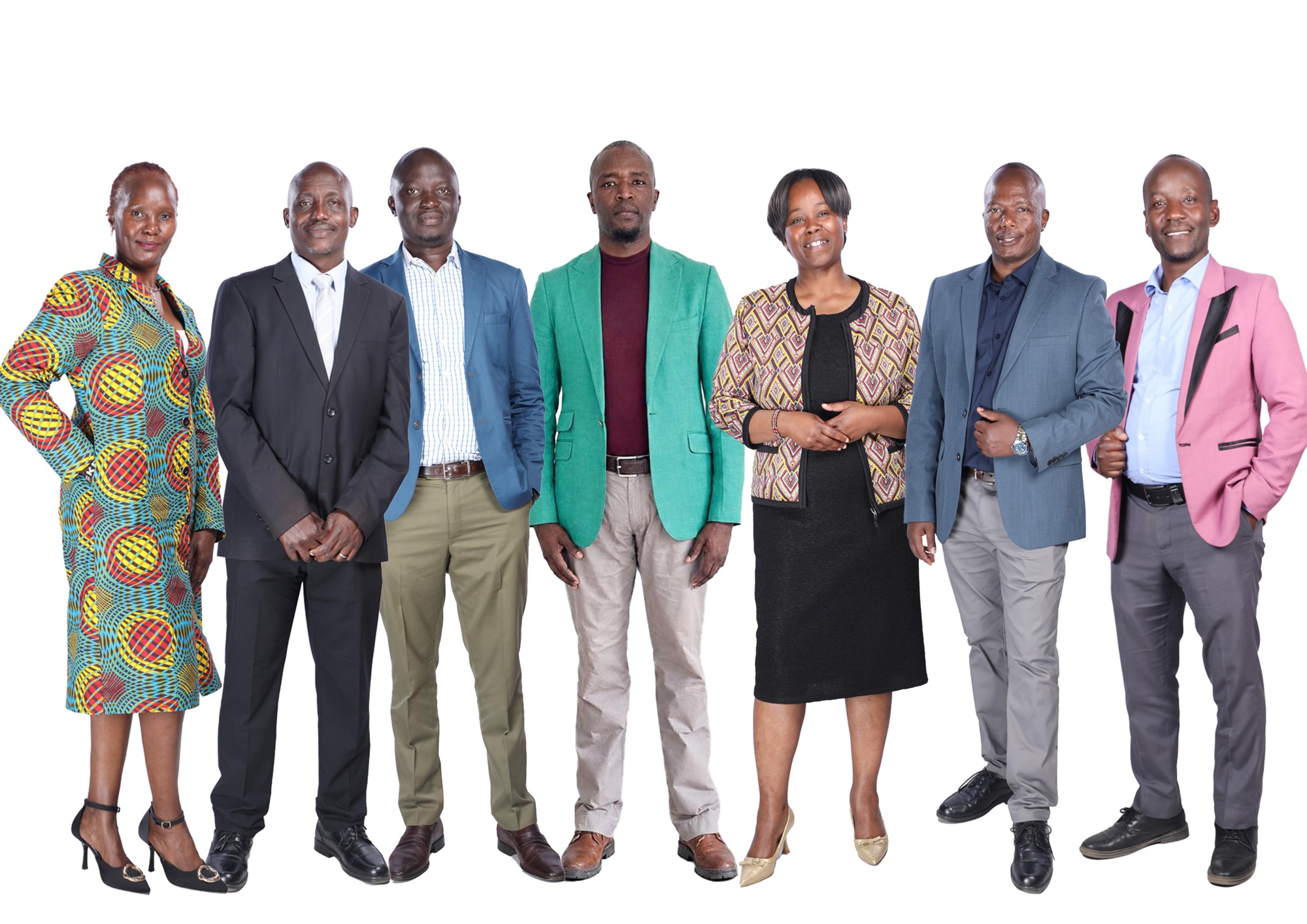 KEBODIA officials standing together: Tabitha Mueni, Mike Ndinga, John Okech, Timothy Kibet, Rose Owano, Joseph Gitau and David Nyakwara, from left to right